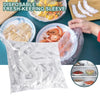 A clear plastic package of disposable fresh-keeping sleeves for food, shown next to prepared seafood and a hand.
