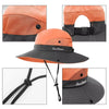 Orange and black UPF 50+ wide brim sun hat with adjustable neck flap shown in various views.