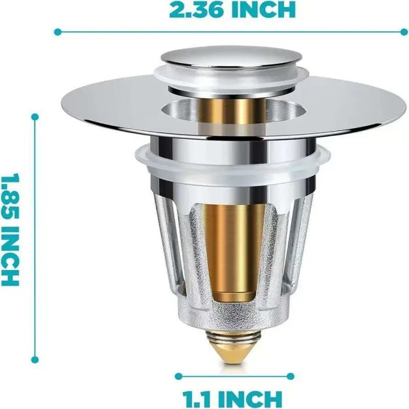 A silver push-type sink and bathtub drain stopper with a gold finish and various size measurements.