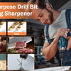A man uses a multipurpose drill bit grinding sharpener on a meat knife, showing before and after results.