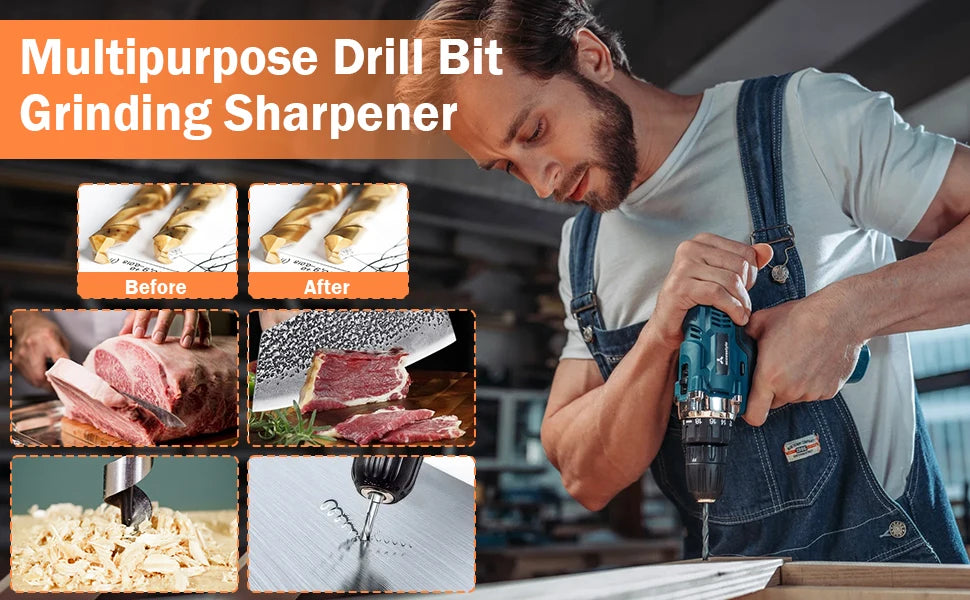 A man uses a multipurpose drill bit grinding sharpener on a meat knife, showing before and after results.