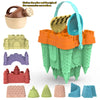 A collection of various sand play accessories including a scoop, castle molds, and various sand structures.