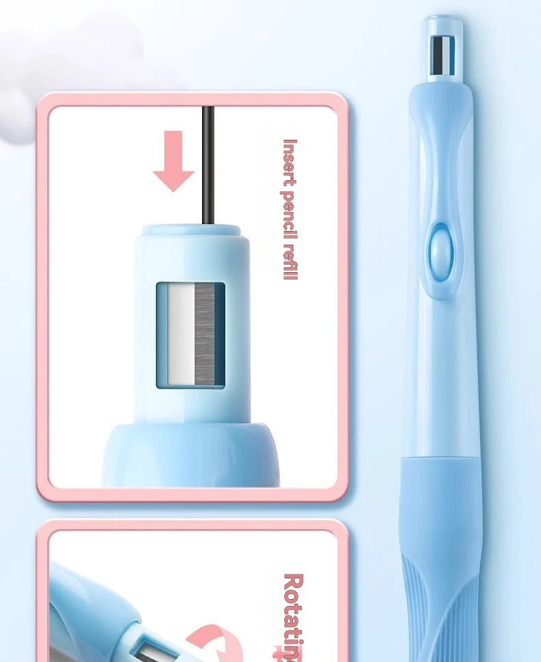 A mechanical pencil set with a refill is shown in a vertical view, highlighting the insert and rotating mechanism.