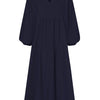 A navy blue women's cotton-linen blend dress with a V-neck and bell sleeves.