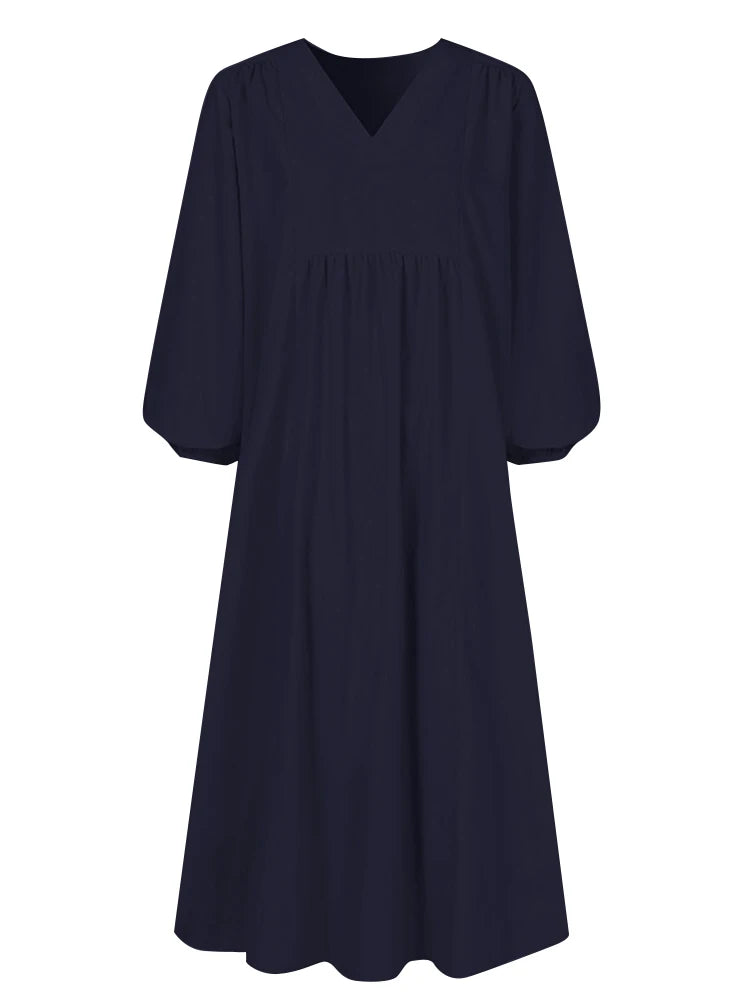 A navy blue women's cotton-linen blend dress with a V-neck and bell sleeves.