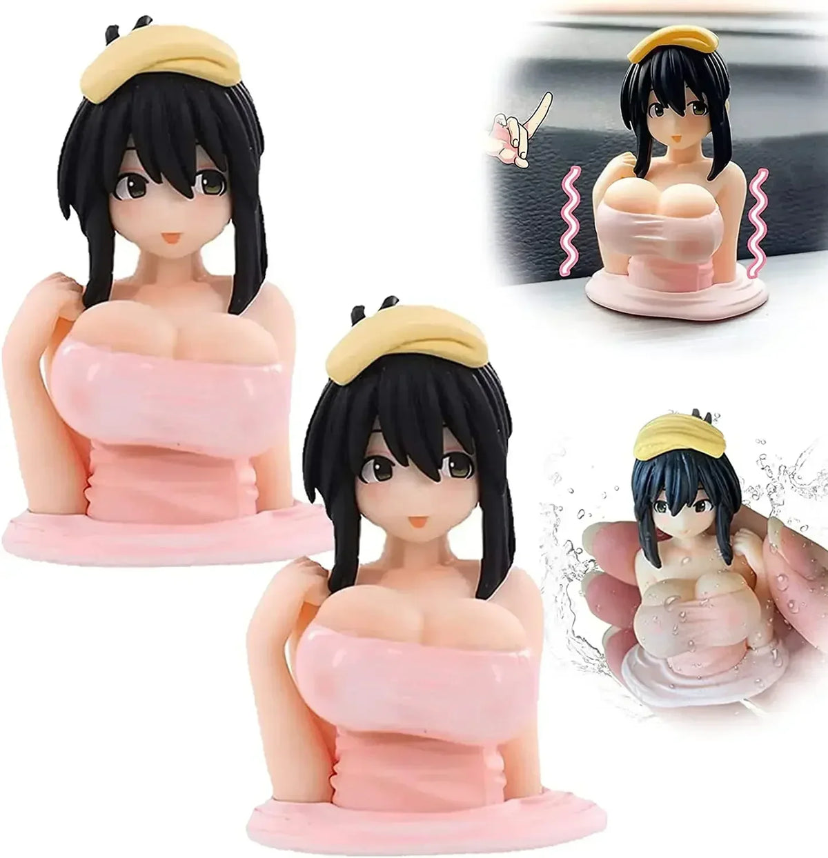 Anime-figur av en kvinne med svart hår og gult hodeplagg i rosa klær, plassert på et dashbord.