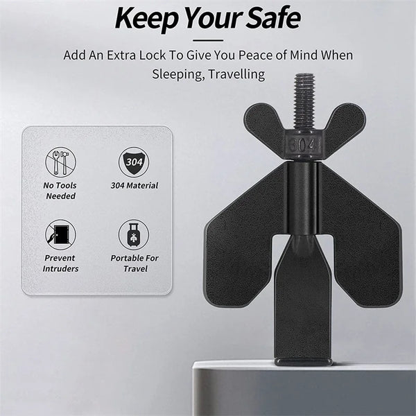 A black portable travel door lock with a secure latch is shown against a light gray background.