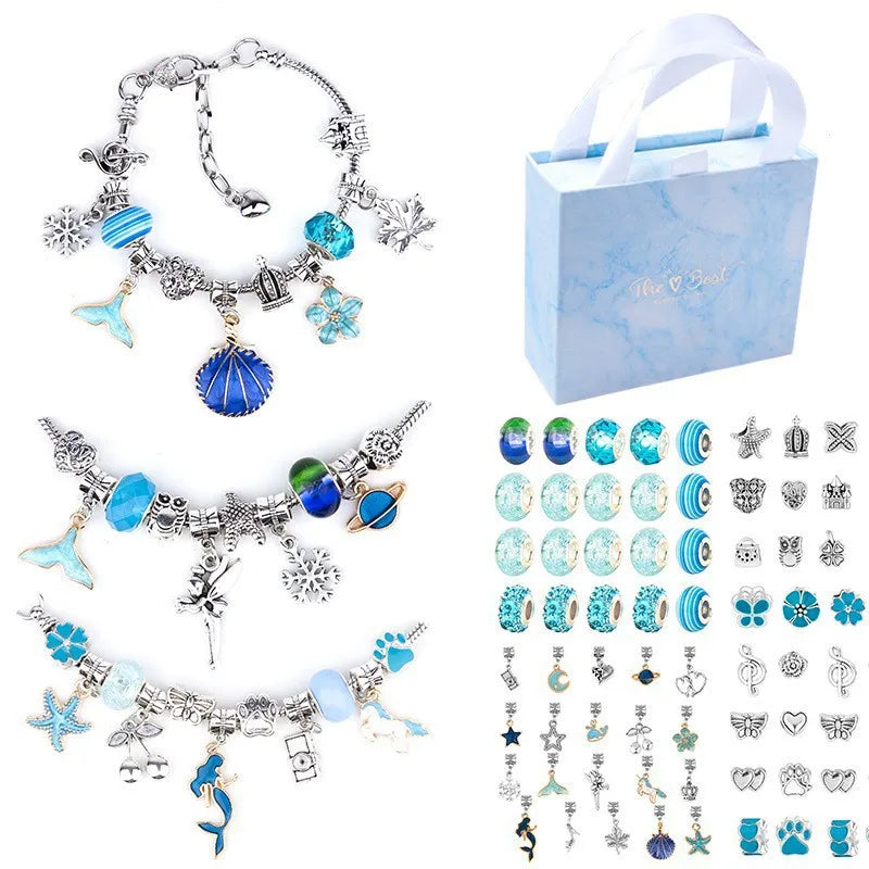 A charm bracelet making kit for girls displayed with various charms and a gift box.
