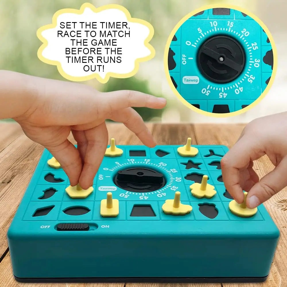 A hand is setting the timer on a teal shape matching puzzle game for kids, with a close-up view of the timer dial.