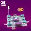 A purple and green DIY electronic circuit building blocks science kit with various components and a light bulb.