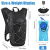 Black hydration backpack with a display, showing dimensions and weight.