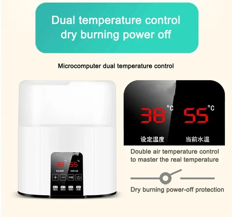 A white electronic device for dual temperature control dry burning power off with a digital display showing 38°C and 55°C.