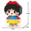 A minifigure-style building block figurine of a woman with black hair, pink skin, and a blue top and yellow skirt.