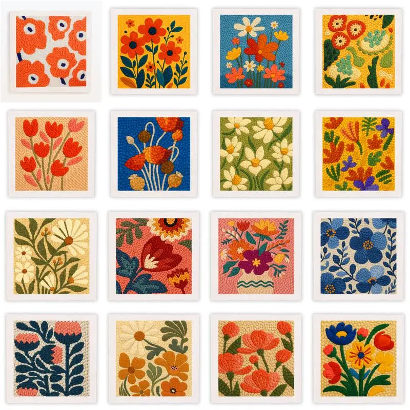 A collection of square punch needle embroidery kits featuring various flower patterns in vibrant colors.