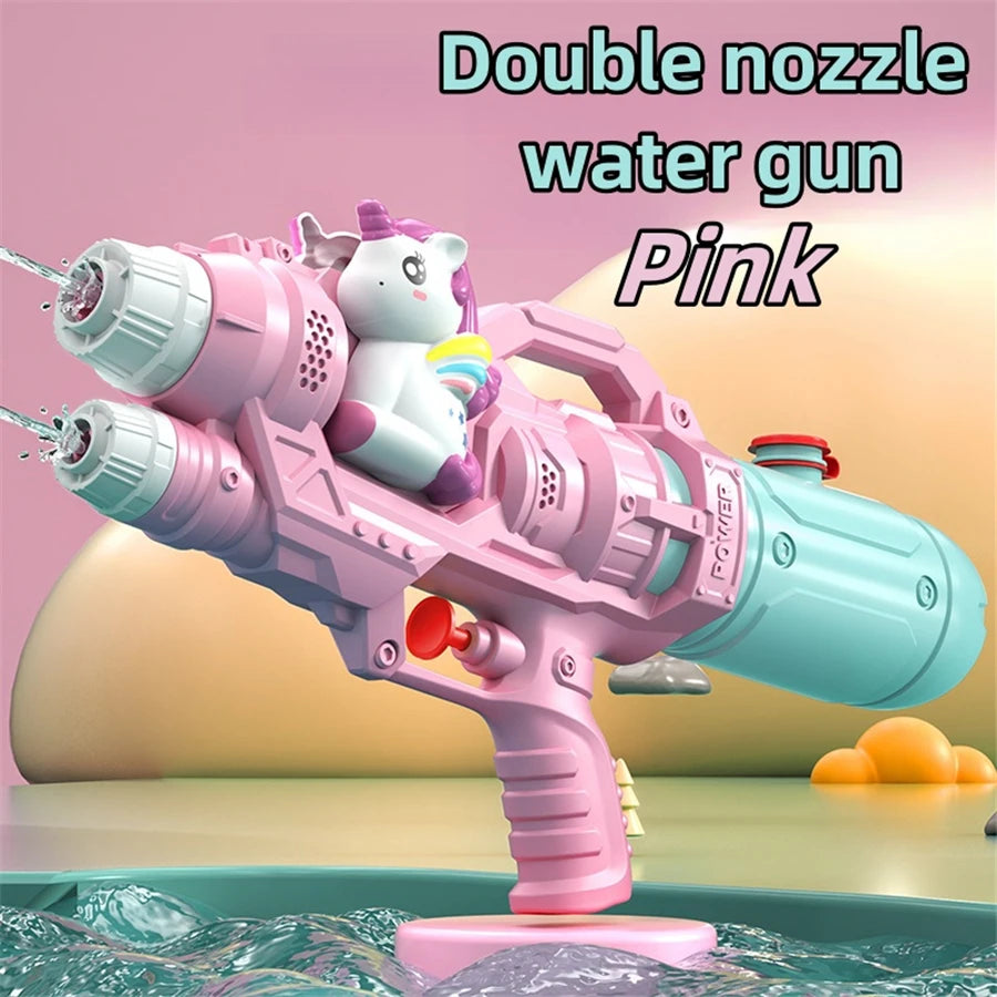 A pink double nozzle water gun toy featuring a cute white animal character, set in water.