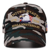 Mörk camouflage-basebollkeps med broderad text United States 250th Anniversary