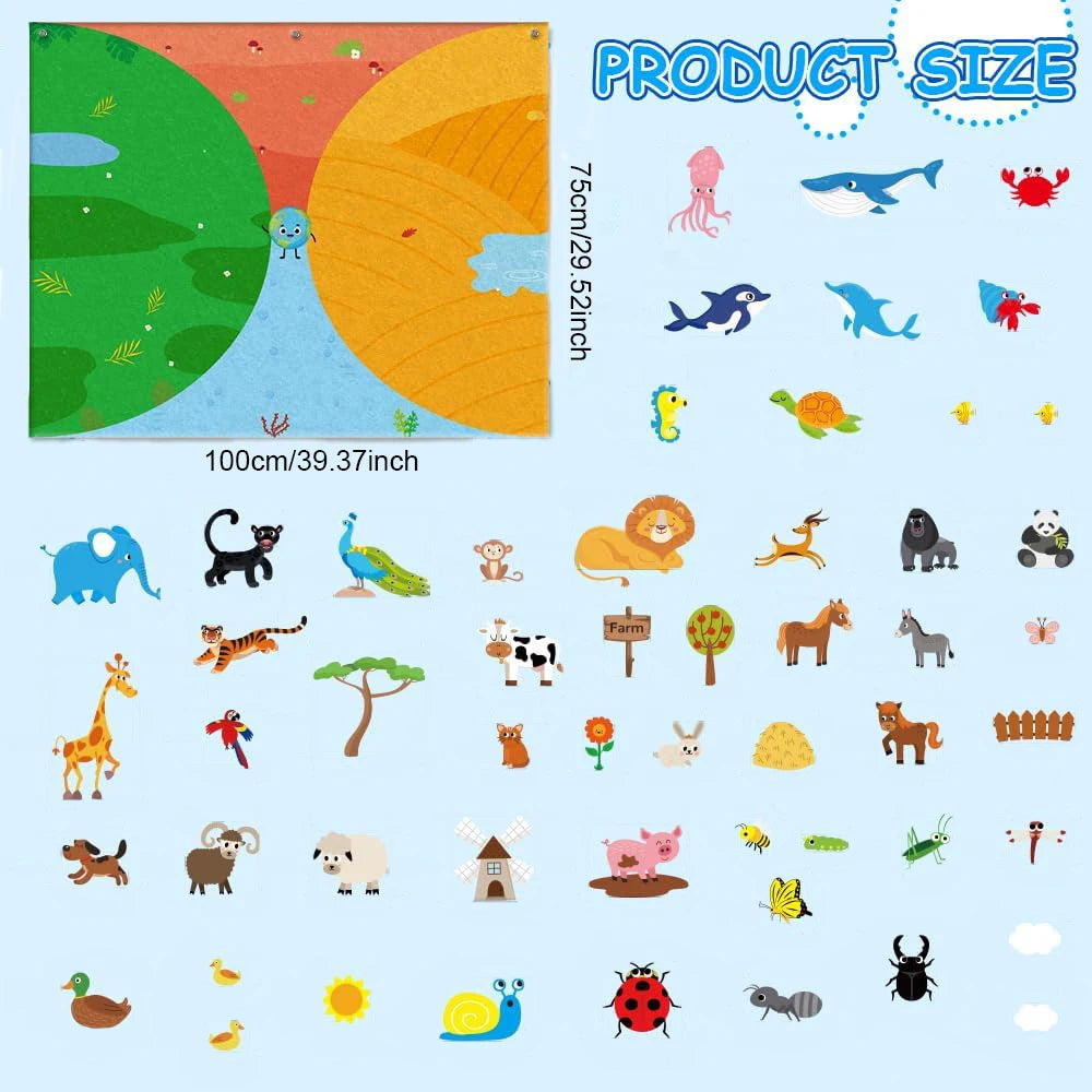 A colorful felt story board set featuring various zoo animals like elephants, lions, monkeys, and insects for interactive lea
