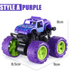 Purple pull-back stunt SUV toy car with green wheels and black body.