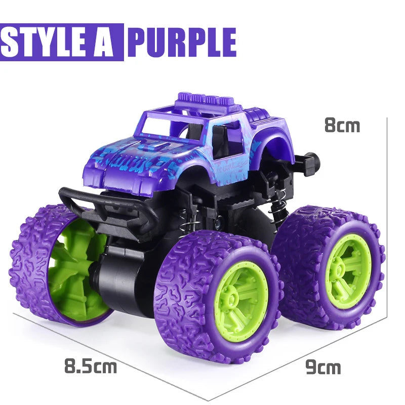 Purple pull-back stunt SUV toy car with green wheels and black body.