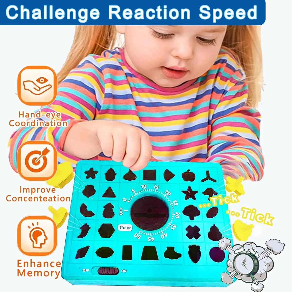 A toddler is playing a blue shape matching puzzle game with various cutouts and a timer.