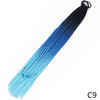 A long, pre-braided hair extension featuring a gradient color transition from blue to black, attached with an elastic band.