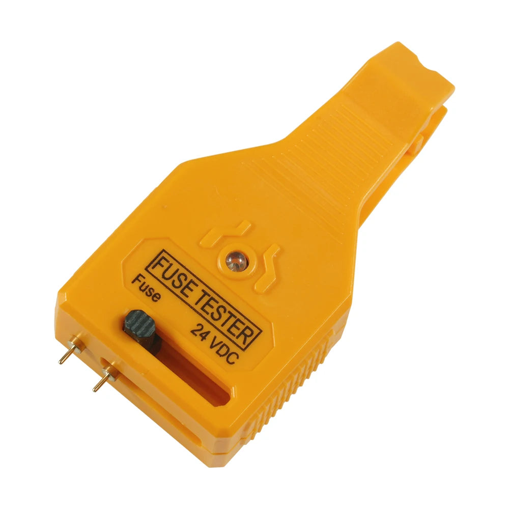 An orange automotive fuse tester tool with a plastic body and a metal probe.