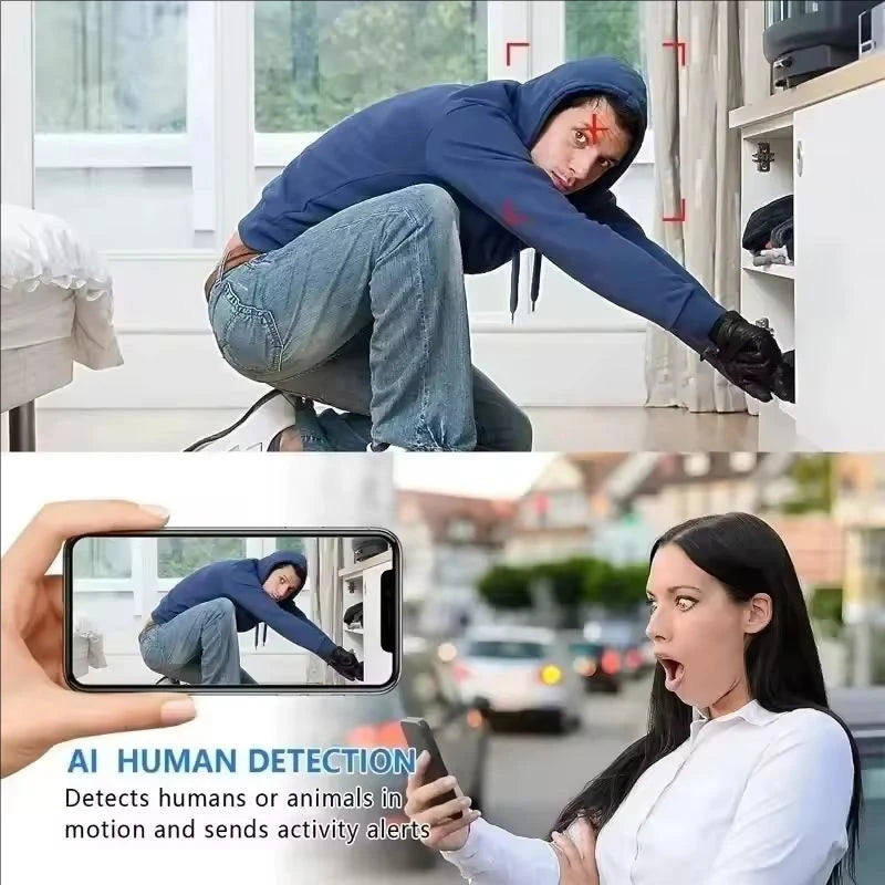 A person wearing a dark blue hoodie is visible in a security camera view, demonstrating human detection.
