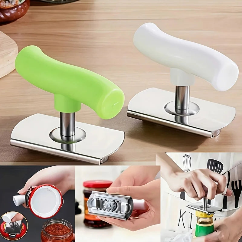 Stainless steel manual tool for opening jars and bottles, shown with a green handle and various containers.