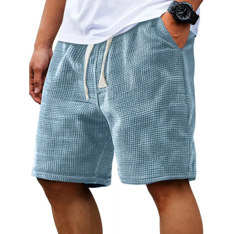 Shorts casuales de hombre con textura waffle y cordón, en color azul-verde apagado