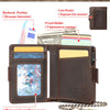 A brown leather wallet showing various features like coin pockets, card holders, and a photo window.