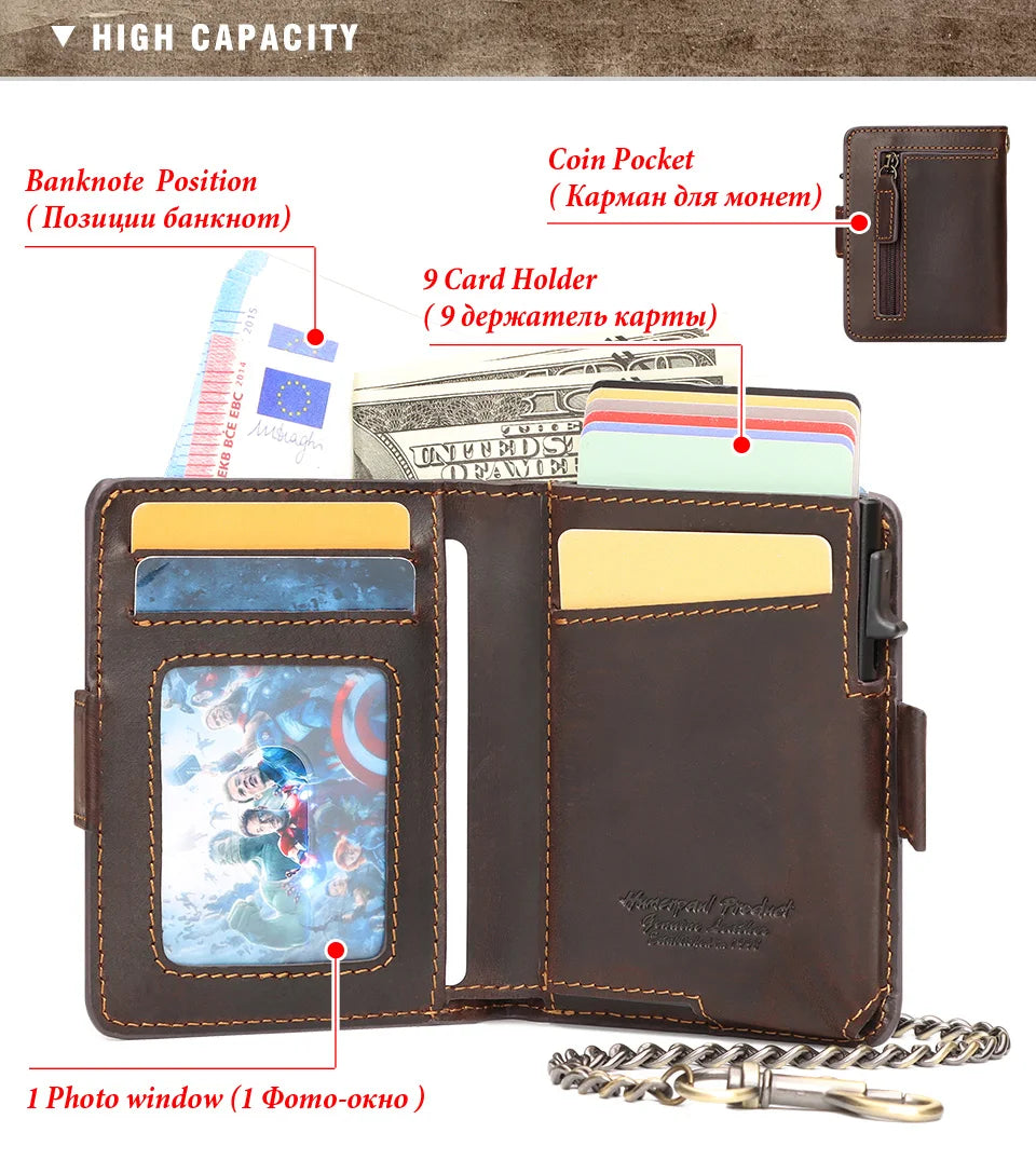 A brown leather wallet showing various features like coin pockets, card holders, and a photo window.