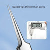 Stainless steel precision tweezers with needle tips shown next to a digital measuring device