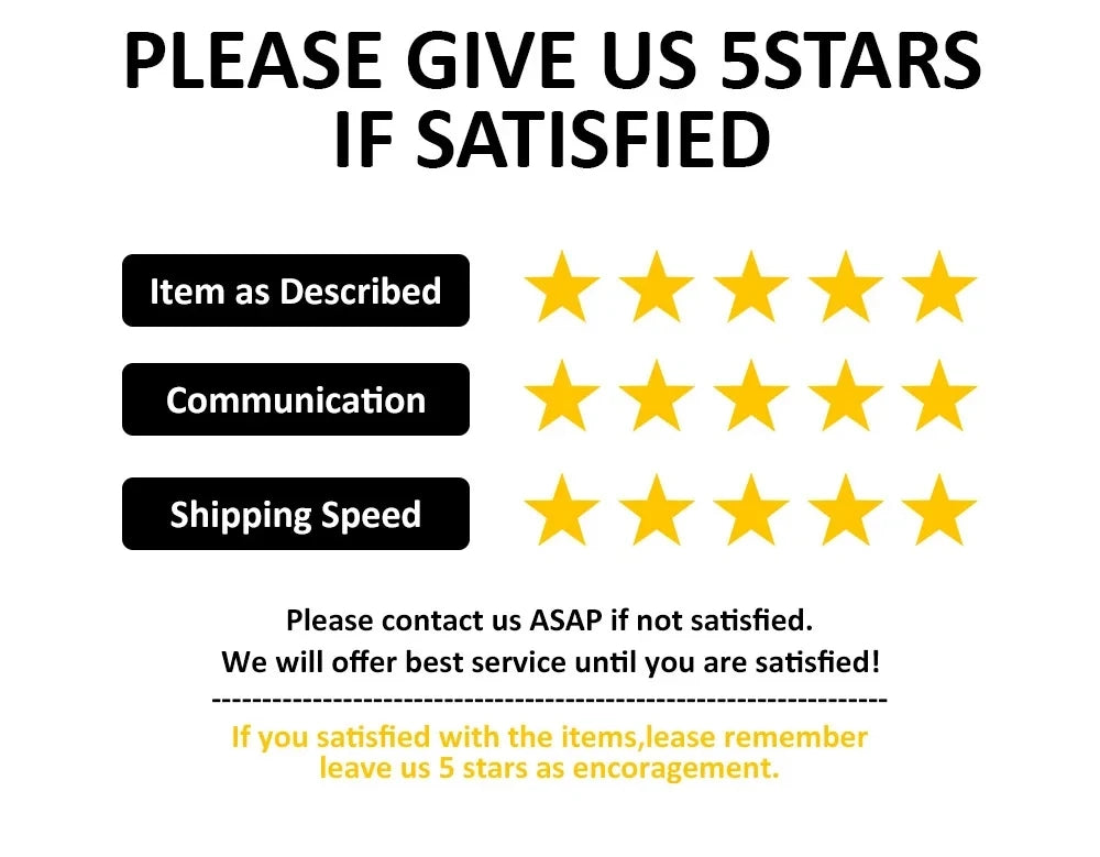 A text graphic requesting 5-star ratings for a product, with sections for Item as Described, Communication, and Shipping Spee