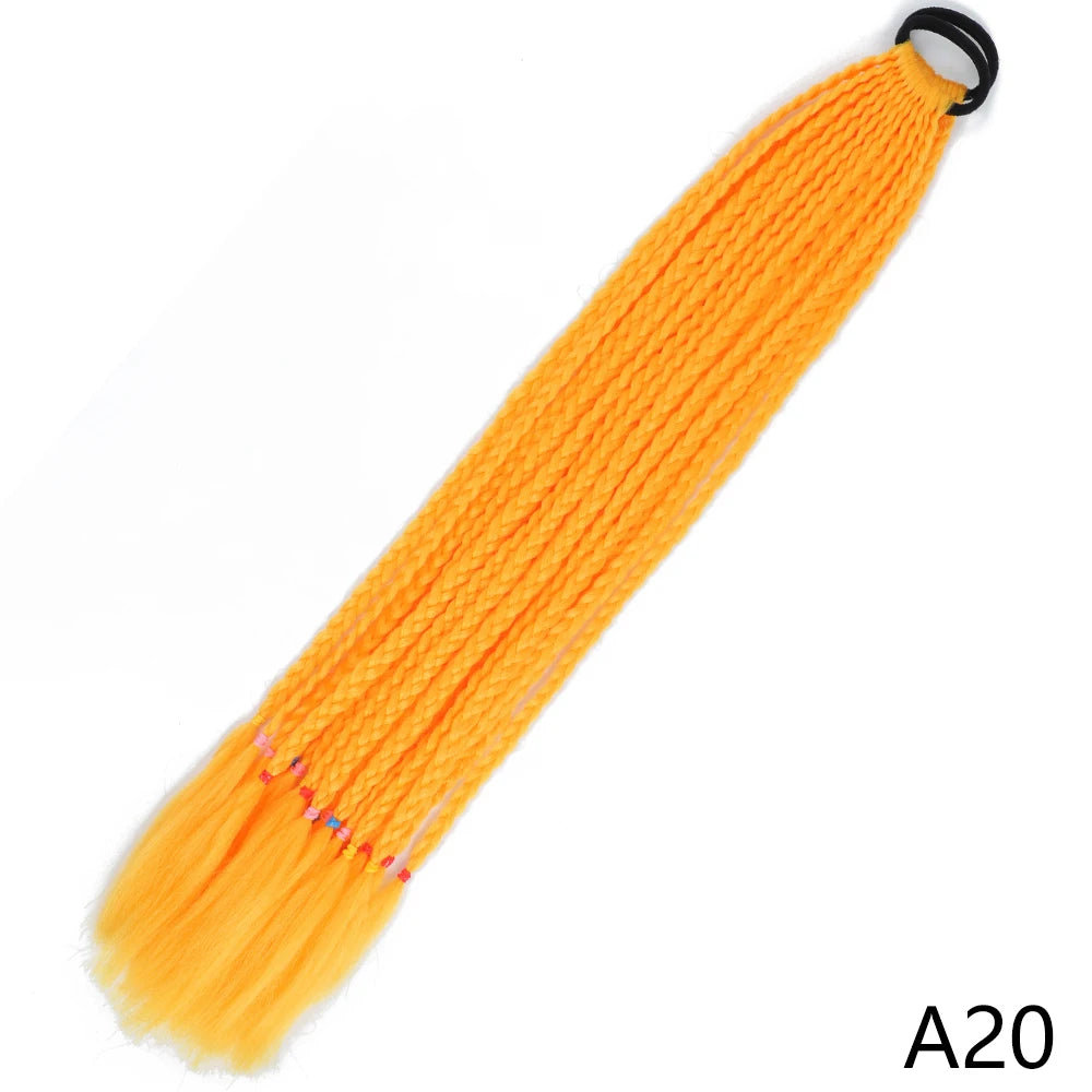 Orange pre-braided ponytail extension with an elastic band attached