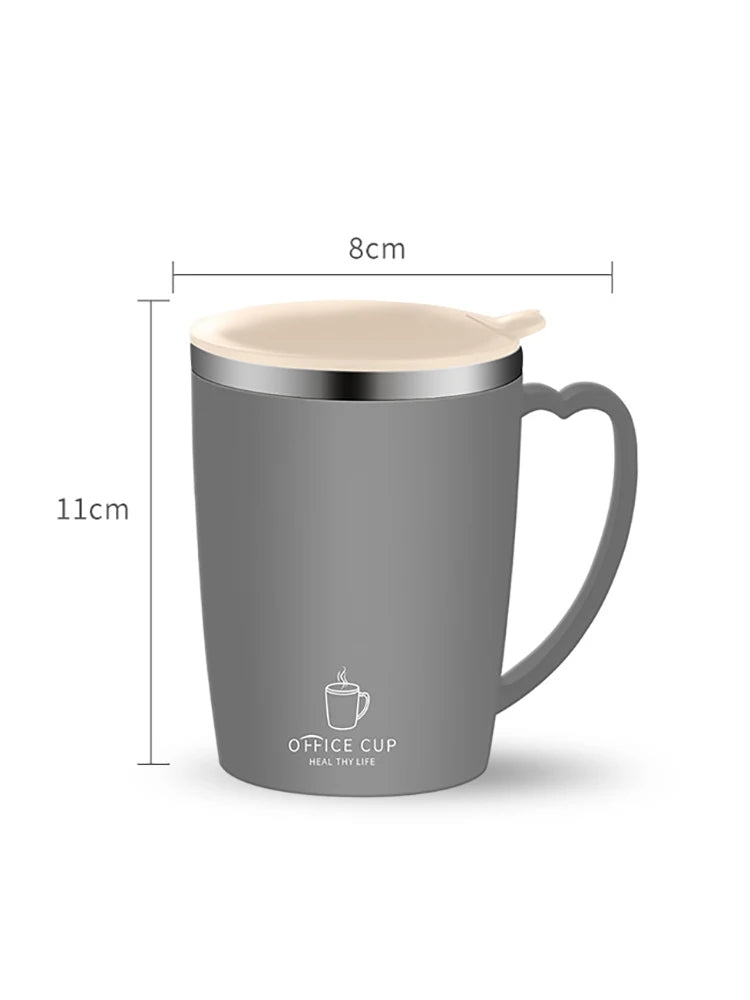 A silver stainless steel insulated travel mug with a light beige lid and handle, shown in a side view.