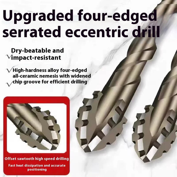 A close-up view of an upgraded four-edged serrated eccentric drill bit for drilling tasks.