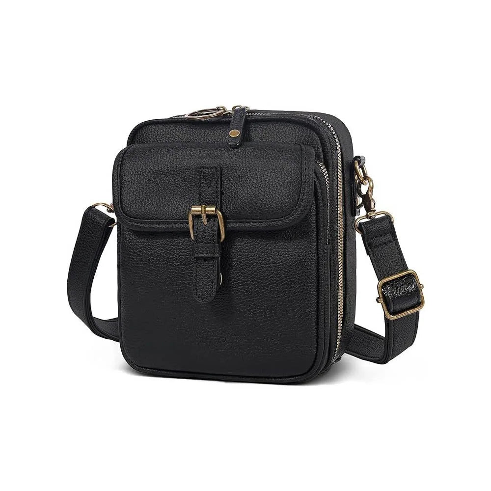 Black vintage vegan leather messenger bag with a gold-toned clasp and adjustable strap.