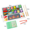 A wooden BBQ playset featuring various food items for a matching game, including fruits and vegetables.