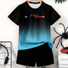 A black t-shirt and matching black shorts set featuring a blue gradient design with the word PARIS.