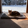 Un gato atigrado descansa en una alfombra de forro polar autocalentable cerca de una ventana con vista nevada.
