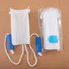 White sock aid for seniors with blue accents packaged in plastic on brown cardboard.