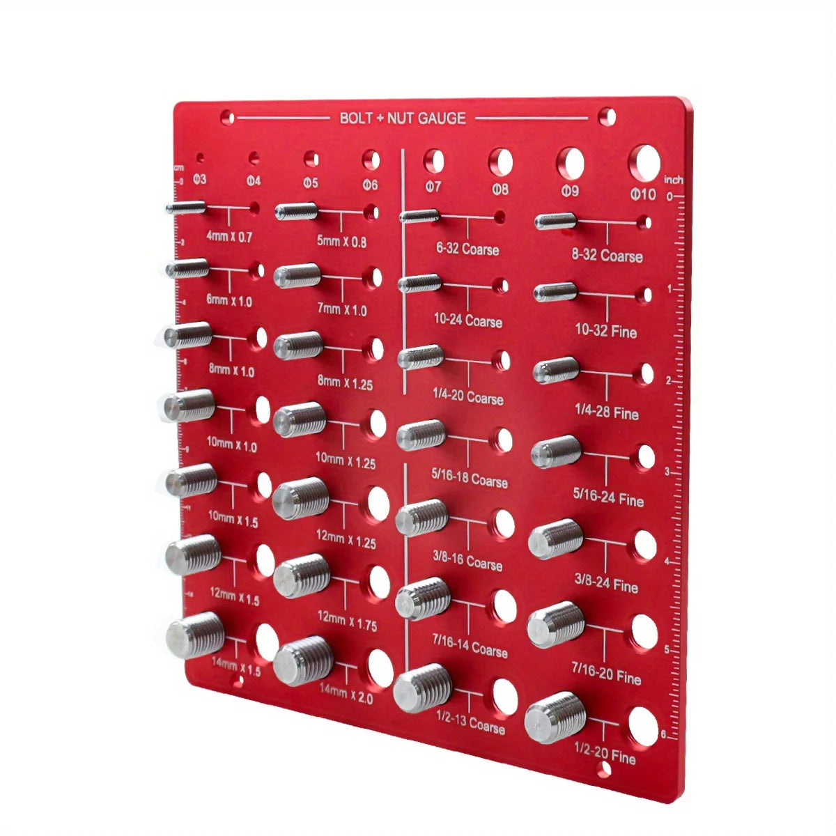 A red universal bolt and nut thread identifier gauge with 28 standard sizes for measuring threads.