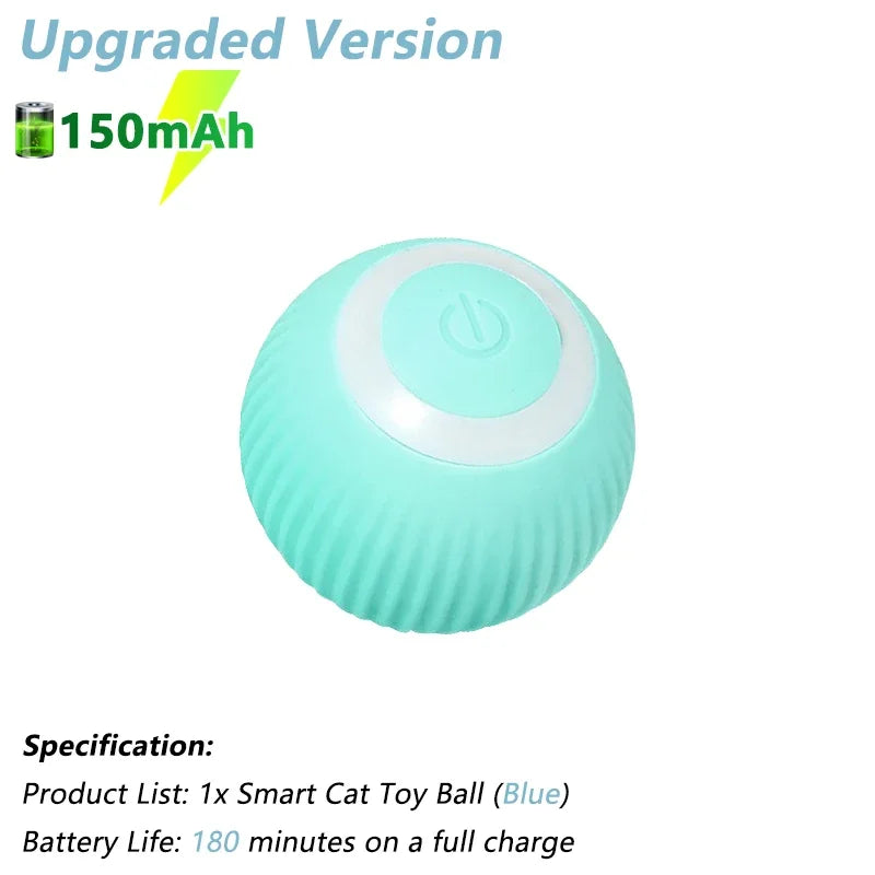 A light blue, spherical smart cat toy ball is shown against a white background.
