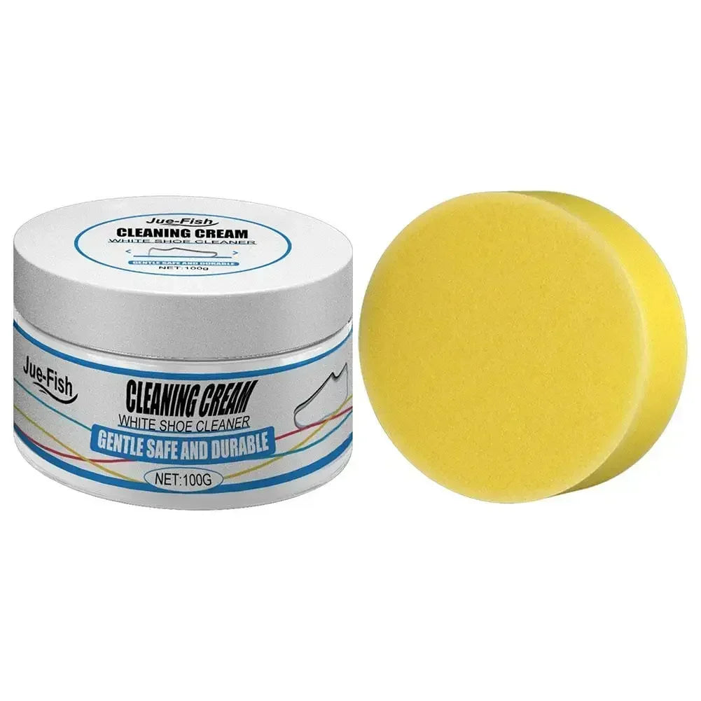 A jar of cleaning cream and a yellow sponge for shoe cleaning.