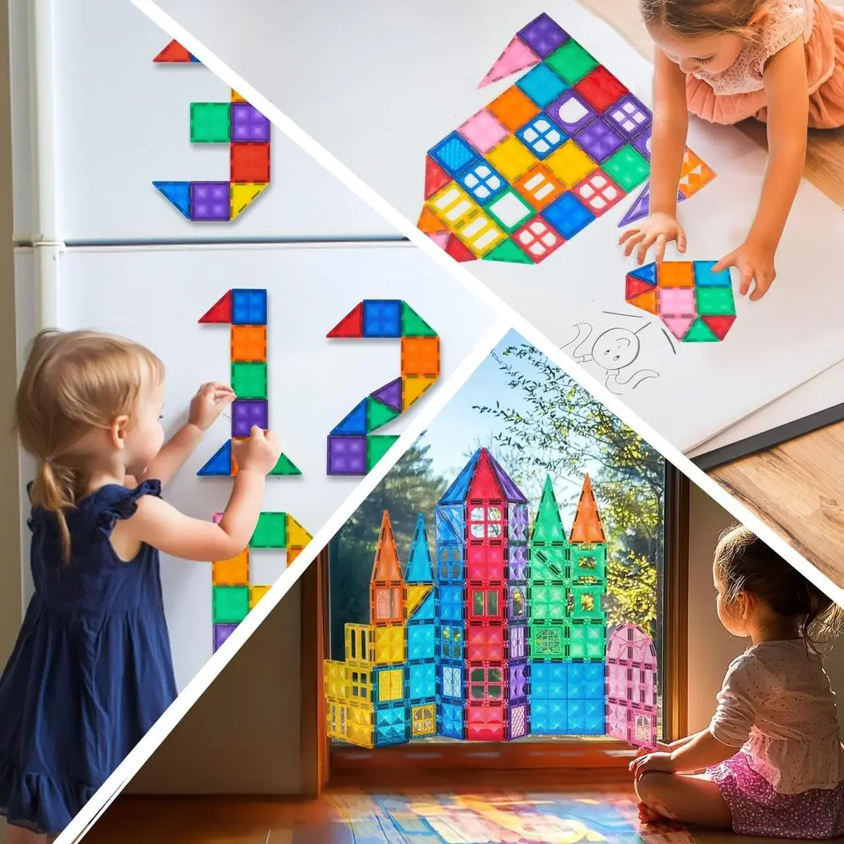 A child is building a colorful structure using magnetic tiles on a table, with other tiles and a large tile pattern visible.