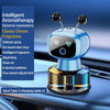 A blue smart car aroma diffuser with two black sprayers sits on a charging base.