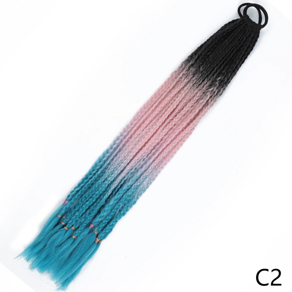 A long pre-braided ponytail extension featuring a gradient color transition from black to pink and teal.
