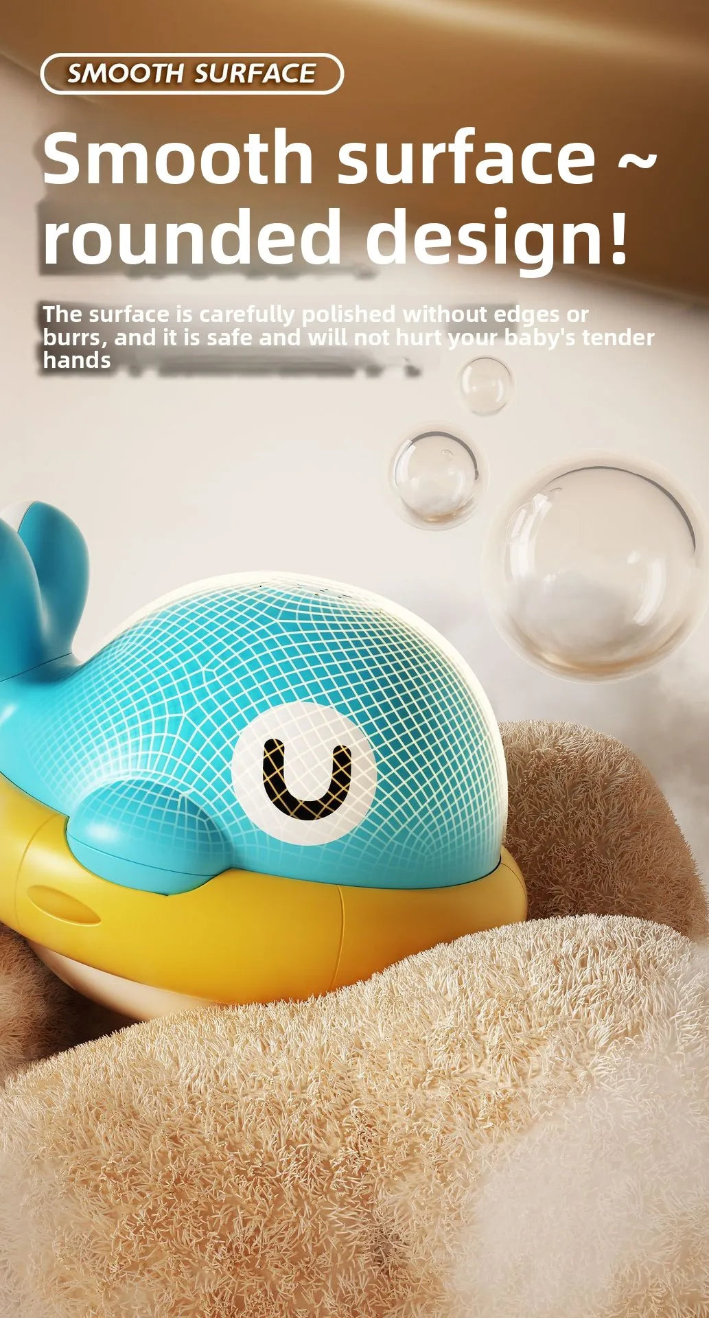 A yellow and blue musical light-up whale baby bath toy is shown resting on soft, brown fabric.