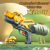 A yellow mechanical dinosaur water gun is shown against a green background with small mushrooms and water splashing.