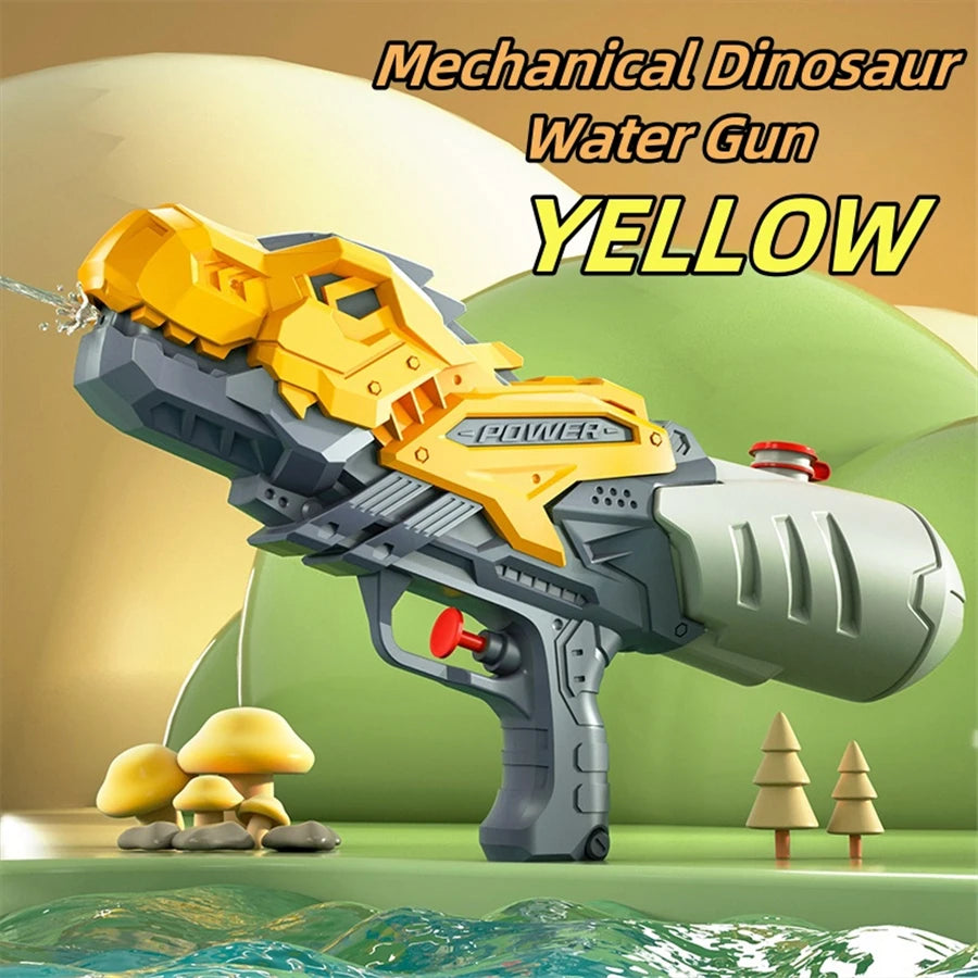 A yellow mechanical dinosaur water gun is shown against a green background with small mushrooms and water splashing.